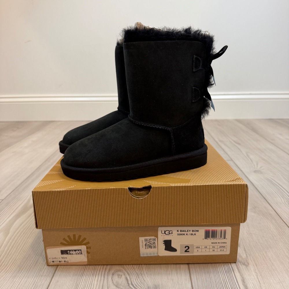 NEW UGG Australia K Bailey Bow Black Suede Sheepskin Boots 3280K Kids Size 2
